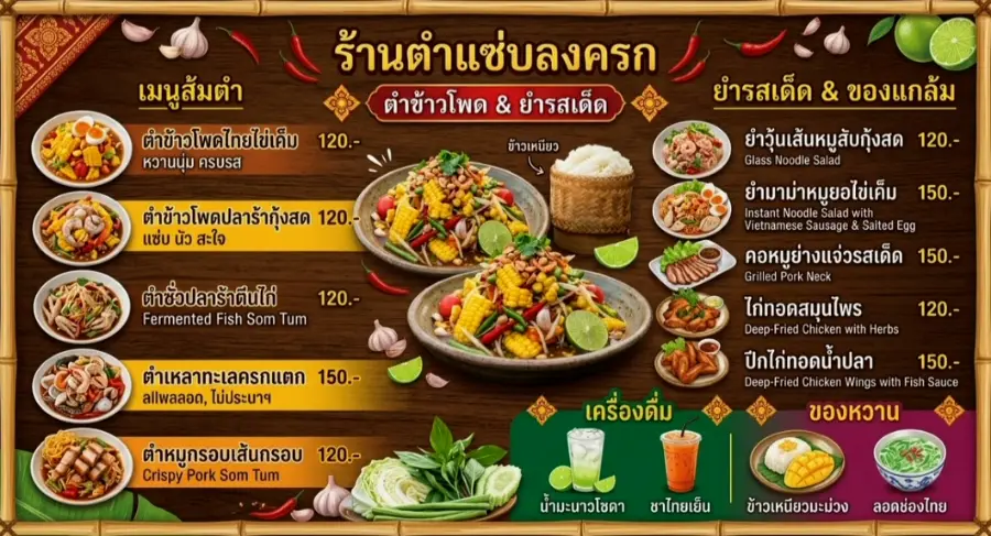 ป้ายเมนูของร้านส้มตำที่ถ่ายด้วยมือถือ